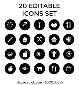 Eat icons. set of 20 editable filled eat icons such as harvest, apple, cow, fork and spoon, chocolate, pizza, sandwich. best quality eat elements in trendy style.