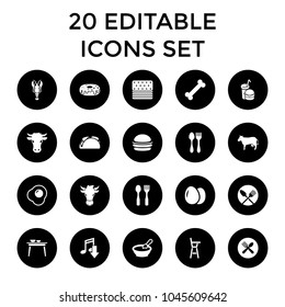Eat icons. set of 20 editable filled eat icons such as egg, cow, porridge, eating mouth, burger, donut, burger and drink, bone. best quality eat elements in trendy style.