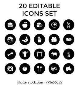 Eat icons. set of 20 editable filled eat icons such as wheat, cow, fork and spoon, table with plates and pan, pretzel, burger. best quality eat elements in trendy style.