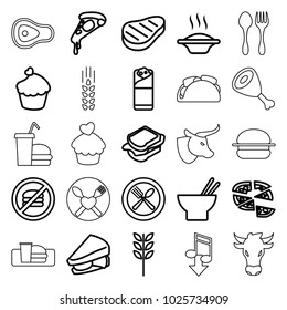 Eat icons. set of 25 editable outline eat icons such as wheat, soup, pizza, asian food, sandwich, burrito, no fast food, spoon and fork, muffin, beef, cow, eating mouth