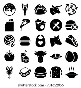 Eat icons. set of 25 editable filled eat icons such as egg, cow, crab, baby bid, chocolate, soup, taco, pizza, donut, sandwich, soda and burger, take away food