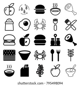 Eat icons. set of 25 editable filled and outline eat icons such as chocolate, fork and spoon, burger, soup, apple, pepper, bowl, egg, crab, wheat, fork and knife, fork, beef