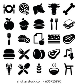 Eat icons set. set of 25 eat filled icons such as wheat, egg, beef, cow, crab, no fast food, burger, sandwich, fork and spoon, fork and knife, soup, muffin, pizza