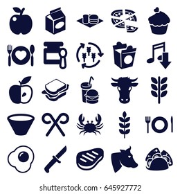 Eat icons set. set of 25 eat filled icons such as wheat, harvest, cow, crab, baby food, taco, pizza, sandwich, soda and burger, take away food, burger and drink, apple