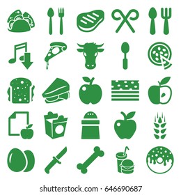 Eat icons set. set of 25 eat filled icons such as wheat, egg, cow, fork and spoon, pizza, pepper, taco, donut, sandwich, take away food, burger and drink, spoon, apple