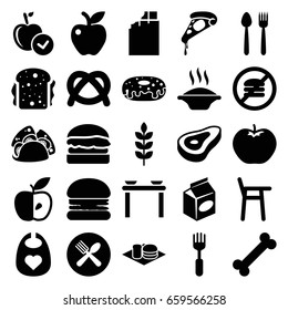 Eat icons set. set of 25 eat filled icons such as wheat, beef, apple, baby bid, pizza, taco, donut, sandwich, soda and burger, fork, take away food, spoon and fork, burger
