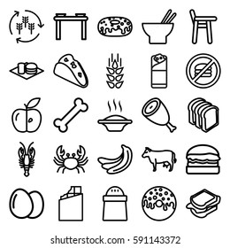 eat icons set. Set of 25 eat outline icons such as cow, crab, wheat, harvest, egg, beef, banana, taco, pepper, donut, asian food, sandwich, bread slices, burrito