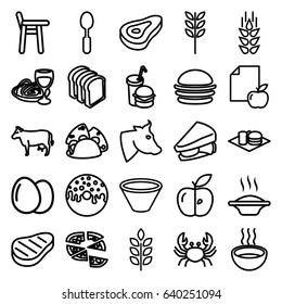 Eat icons set. set of 25 eat outline icons such as cow, crab, wheat, egg, beef, burger, taco, donut, pizza, sandwich, bread slices, soda and burger, pasta and wine glass