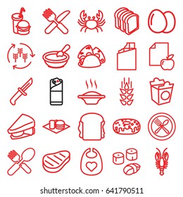 Eat icons set. set of 25 eat outline icons such as crab, wheat, harvest, egg, porridge, baby bid, taco, donut, sandwich, bread slices, burrito, soda and burger, take away food