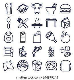 Eat icons set. set of 25 eat outline icons such as cow, wheat, beef, baby food, baby bid, pizza, donut, asian food, sandwich, burrito, take away food, burger and drink