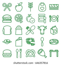 Eat icons set. set of 25 eat outline icons such as cow, beef, baby food, baby bid, apple, pepper, donut, pizza, sandwich, soda and burger, fork and spoon, spoon
