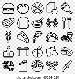 Eat icons set. set of 25 eat outline icons such as cow, crab, beef, apple, porridge, no fast food, taco, pizza, donut, sandwich, pasta and wine glass, paper and apple