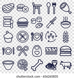 Eat icons set. set of 25 eat outline icons such as cow, wheat, harvest, beef, baby food, baby bid, no fast food, burger, pasta and wine glass, soup, spoon and fork