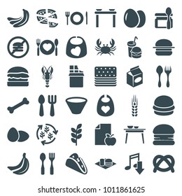 Eat icons. set of 36 editable filled eat icons such as egg, banana, crab, baby bid, fork and spoon, burger, eating mouth, table with plates and pan, pretzel, taco, pizza