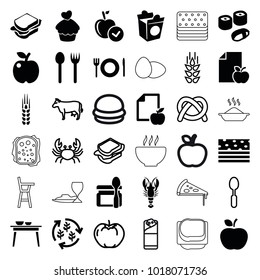 Eat icons. set of 36 editable filled and outline eat icons such as apple, fork and spoon, sandwich, take away food, piece of cake, sushi, wheat, cow, crab, pretzel, burrito