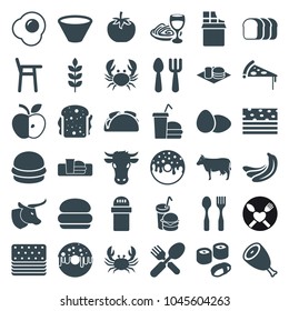 Eat icons. set of 36 editable filled eat icons such as wheat, beef, banana, cow, crab, fork and spoon, burger, baby chair, donut, sandwich, soda and burger, piece of cake