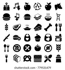 Eat icons. set of 36 editable filled eat icons such as wheat, harvest, beef, cow, baby bid, fork and spoon, no fast food, apple, eating mouth, pretzel, pepper, sandwich