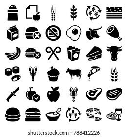 Eat icons. set of 36 editable filled eat icons such as wheat, harvest, beef, banana, cow, crab, porridge, no fast food, apple, pizza, pepper, sandwich, take away food