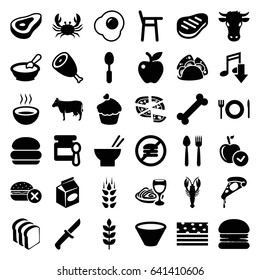 Eat icons set. set of 36 eat filled icons such as wheat, beef, cow, crab, baby food, porridge, no fast food, apple, pizza, taco, bread slices, pasta and wine glass, spoon