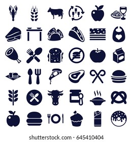 Eat icons set. set of 36 eat filled icons such as wheat, harvest, beef, apple, cow, crab, baby food, baby bid, fork and spoon, taco, burger, pizza, donut, sandwich, burrito