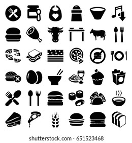 Eat icons set. set of 36 eat filled icons such as wheat, egg, beef, cow, baby food, baby bid, no fast food, burger, pizza, pepper, taco, sandwich, bread slices