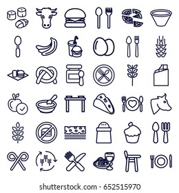 Eat icons set. set of 36 eat outline icons such as cow, wheat, harvest, egg, banana, baby food, porridge, fork and spoon, apple, taco, pepper, pizza, soda and burger