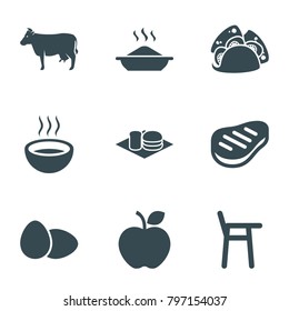 Eat icons. set of 9 editable filled eat icons such as cow, baby chair, taco, soda and burger, soup, beef, egg