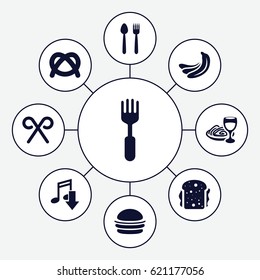Eat icons set. set of 9 eat filled icons such as banana, burger, sandwich, pasta and wine glass, fork, candy cane, eating mouth, pretzel