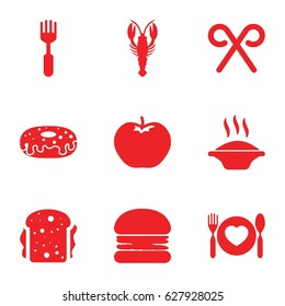 Eat icons set. set of 9 eat filled icons such as apple, crab, donut, sandwich, fork, plate with spoon and fork, candy cane, burger