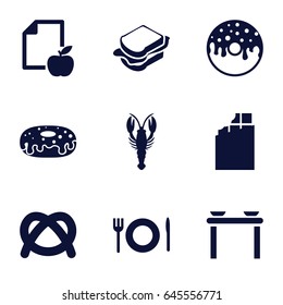 Eat icons set. set of 9 eat filled icons such as crab, donut, sandwich, paper and apple, plate fork and spoon, chocolate, table with plates and pan