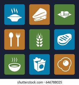 Eat icons set. set of 9 eat filled icons such as wheat, sandwich, soda and burger, take away food, soup, beef, egg