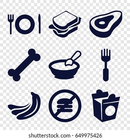Eat icons set. set of 9 eat filled icons such as beef, banana, porridge, sandwich, take away food, fork, plate fork and spoon, no fast food