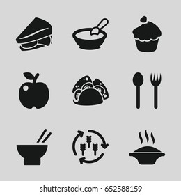 Eat icons set. set of 9 eat filled icons such as harvest, porridge, taco, asian food, sandwich, muffin, fork and spoon, apple