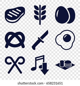 Eat icons set. set of 9 eat filled icons such as egg, soda and burger, candy cane, beef, knife, eating mouth, wheat