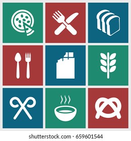 Eat icons set. set of 9 eat filled icons such as bread slices, fork and knife, soup, candy cane, pizza, chocolate, wheat, pretzel