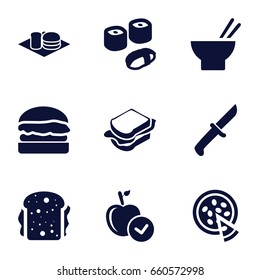 Eat icons set. set of 9 eat filled icons such as apple, asian food, sandwich, soda and burger, pizza, burger, sushi