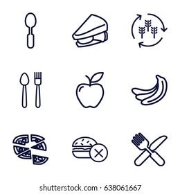 Eat icons set. set of 9 eat outline icons such as harvest, banana, no fast food, pizza, sandwich, fork and knife, spoon, apple