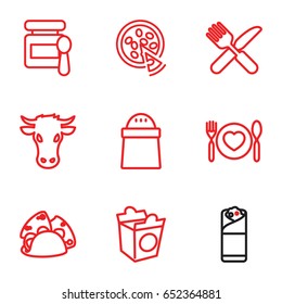 Eat icons set. set of 9 eat outline icons such as cow, baby food, pepper, taco, burrito, take away food, fork and knife, plate with spoon and fork
