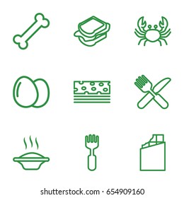 Eat icons set. set of 9 eat outline icons such as crab, egg, sandwich, fork and knife, fork, chocolate, soup, piece of cake