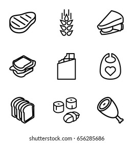 Eat icons set. set of 9 eat outline icons such as wheat, beef, baby bid, sandwich, bread slices, sushi