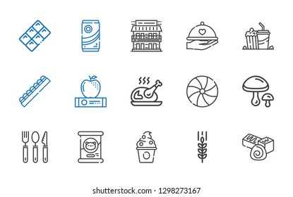 eat icons set. Collection of eat with chocolate, wheat, frozen yogurt, cat food, cutlery, mushrooms, candy, turkey, apple, popcorn, dinner, motel. Editable and scalable eat icons.