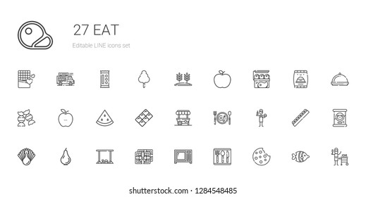 eat icons set. Collection of eat with cookie, cutlery, microwave, chocolate, bar, pear, turkey, burguer, breakfast, food stand, watermelon, healthy food. Editable and scalable eat icons.