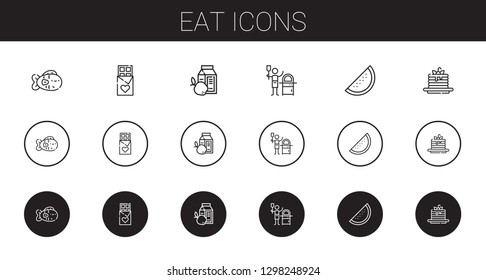 eat icons set. Collection of eat with fish, chocolate, breakfast, pizza, watermelon, pancakes. Editable and scalable eat icons.