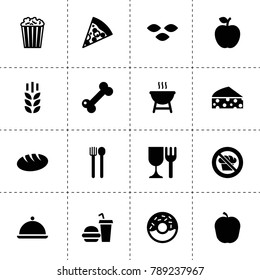 Eat icons. vector collection filled eat icons. includes symbols such as wheat, seeds, apple, bread, cheese, pizza, popcorn, fork and spoon. use for web, mobile and ui design.