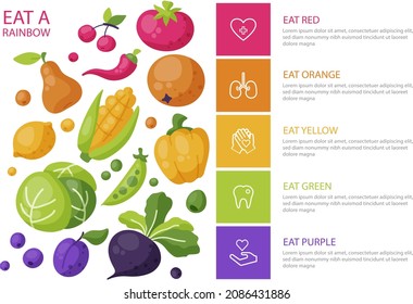 Eat infographic. Vitamin food. Health, healthy nutrition. Fruit, vegetables diet. Antioxidant benefit nutrient. Vegetarian, vegan system. Care, defense heart, kidney. Organic meal. Vector.
