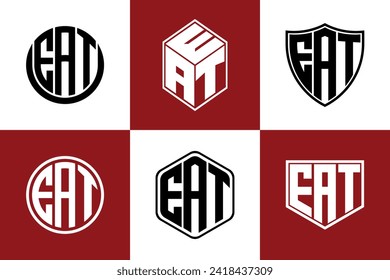 EAT, vector de diseño del logotipo del icono de forma geométrica de la letra inicial. monograma, membrete, círculo, polígono, escudo, símbolo, emblema, elegante, abstracto, marca de palabras, signo, arte, tipografía, icono, geométrico, forma