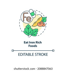 Eat iron rich foods concept icon. Pregnancy diet abstract idea thin line illustration. Green leafy vegetables intake. Cooked beans. Vector isolated outline color drawing. Editable stroke