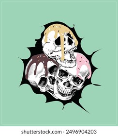 Eat jam with spoon of the skull. Make the brain. Creepy cartoon illustration for prints, t-shirts, Halloween or tattoo.