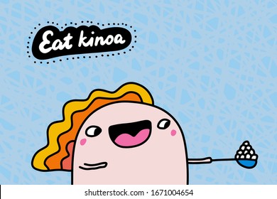 Eat kinoa hand drawn vector illustration in cartoon comic style man happy holding spoon vegan prints posters cards