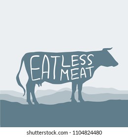 Eat less meat. Cow silhouette  graze in the field, landscape, sky, grass, pasture. Blue, gray background.  Pollution problem concept Eco, ecology banner poster. Vector